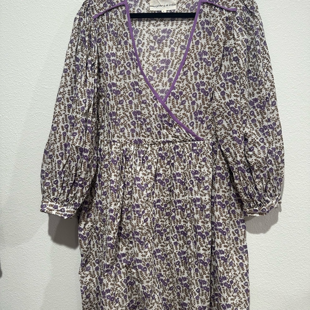 Daughters of India Cream Dress with Purple Floral Print